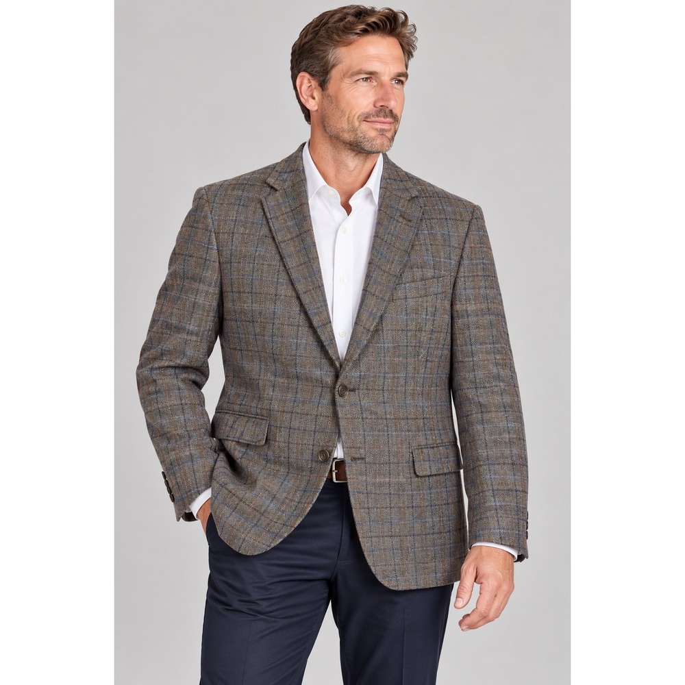 Joseph Abboud JOE Mens 48R Slim Fit Wool Plaid Blazer Brown Elbow Patches